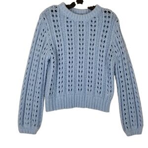 Bik Bok Womens Blue Open Knit Wool Blend Sweater Size S Pointelle Crewneck Soft